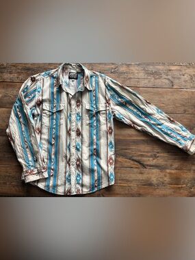 Boys Roper Vintage-Inspired Striped Aztec Button-Up Shirt - Teal & Brown